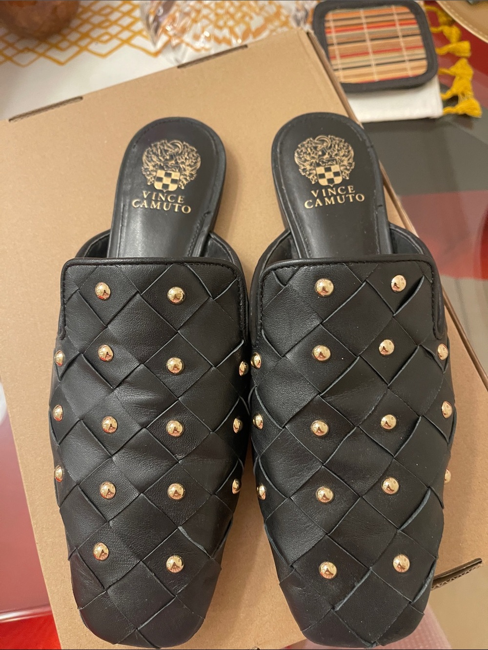 Vince Camuto Black Quilted Slide Mules with Gold Studs